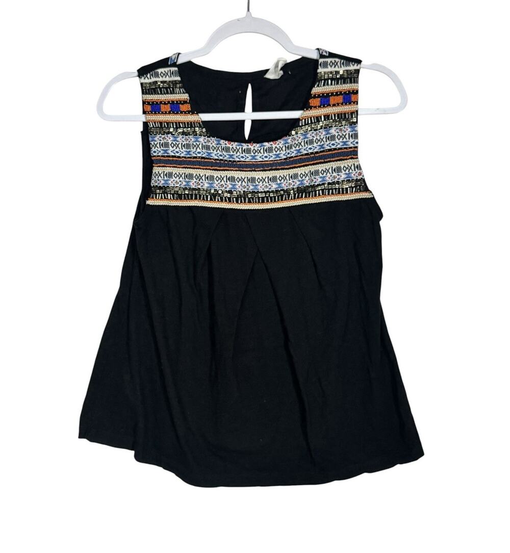 Akemi + Kin Anthropologie Womens Top Black Beaded Embroidered Boho Swing Tank S